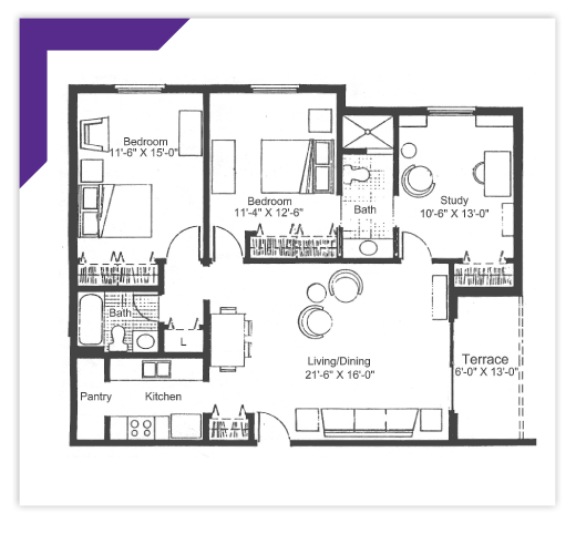 Twp Bedroom with Study - Type 3 Apartment